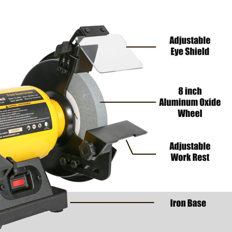 Powerful 4.8 Amp Three Quarters Horsepower 8 Inch Bench Grinder With 3600 RPM showing parts and features