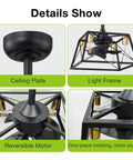 Details of Enclosed Caged Square Ceiling Fan With Retro Industrial Metal Cage, Low Profile Flush Mount, components highlighted