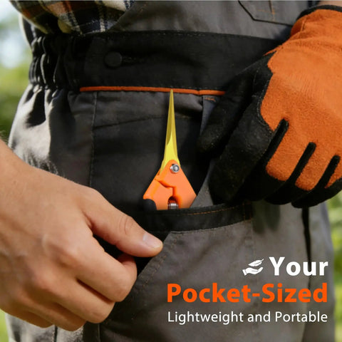Person placing 6.5-inch precision snips from Two Piece Pruning Set With 8.5 Inch Bypass Pruner And 6.5 Inch Precision Snips For Yard Work in pocket