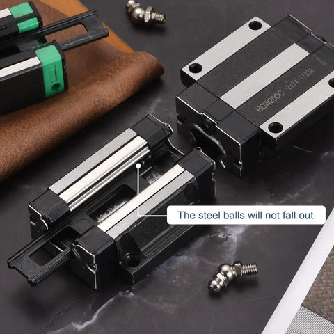 HGW20CC Linear Slider Block Pair With Grease Fittings for Guideway Rail CNC Machines and 3D Printers close-up, silver