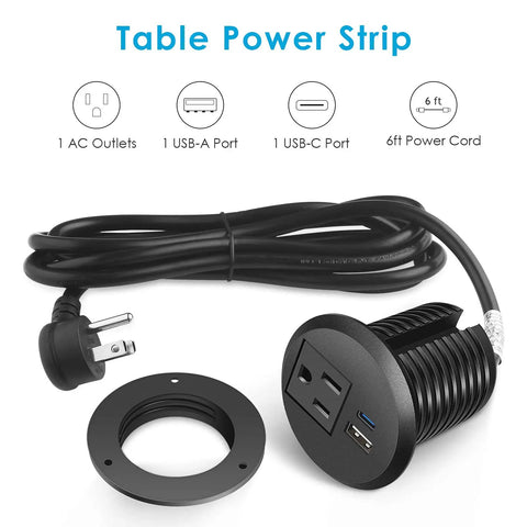 Recessed Desk Power Grommet With 20W Usb C Pd Fast Charging To Ditch The Cord Clutter And Keep Your 2 Inch Surface Mount Workspace Clean While Adding Six Feet Of Cable For Smooth Home Office Setup Vibes, showing black power grommet, 6ft cord.