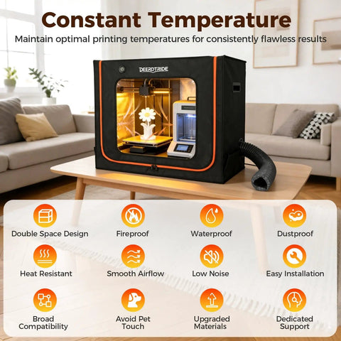 Extra Large Resin 3D Printer Enclosure With Ventilation System And LED Light on a table in a living room setting