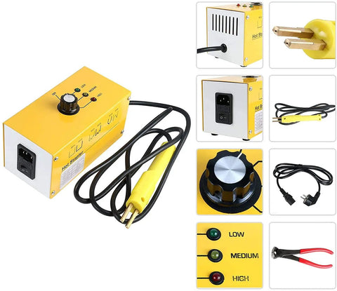 Plastic Welder Hot Stapler Kit with 800 staples for bumper crack repair, showing main unit, power cord, knob, and heat settings