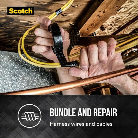Person using Vinyl 700 Electrical Tape Three Quarter Inch By Sixty Six Foot Black for bundling wires in construction setting.