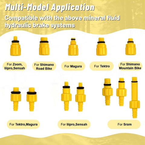 Bike Hydraulic Brake Bleed Kit With 150ml Mineral Oil Universal Adapters For Shimano TEKTRO TRP Disc Brakes Easy Ride Ready System For Road And Mountain Bikes Works With Most Mineral Oil Hydraulic Brake Systems adapters shown