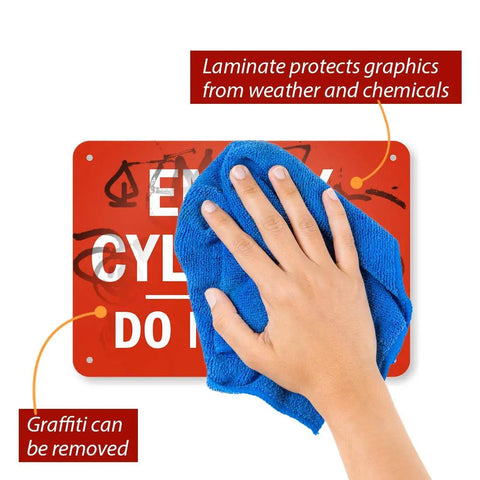 Person cleaning Heavy Duty Aluminum Warning Sign With Rounded Edges And Rust Proof Finish No Sweat Indoors Or Outdoors 7X10 Inch Red Metal Placard.