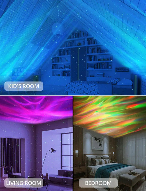 Northern Lights Projector With 28 Aurora Light Effects displaying vibrant colors in a kid's room, living room, and bedroom.