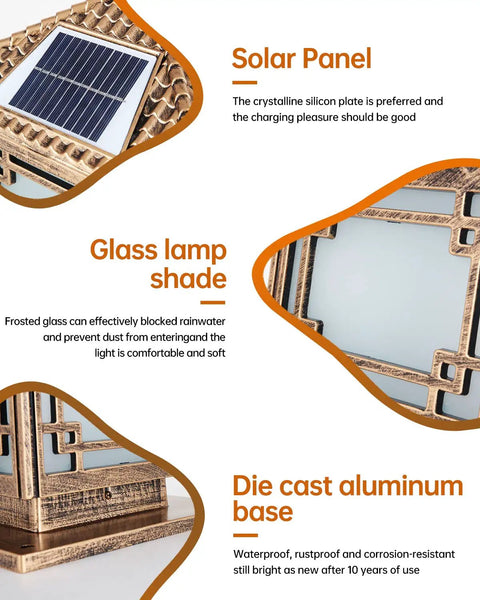 Close-up details of Solar Post Lights With Remote Control Energy Saving LED Column Lamp Outdoor Waterproof IP55 Bronze Pillar Lantern featuring solar panel, frosted glass lamp shade, and die-cast aluminum base.