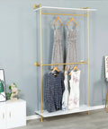 Hella Sturdy Two Tier Industrial Garment Rack With Thick Wood Shelf And Durable Metal Frame Wall Mounted displaying hanging dresses.