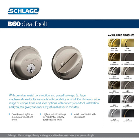 B60N625 Deadbolt With Exterior Keyed Lock And Interior Thumb Turn ANSI Grade 1 Security Bright Chrome Finish display