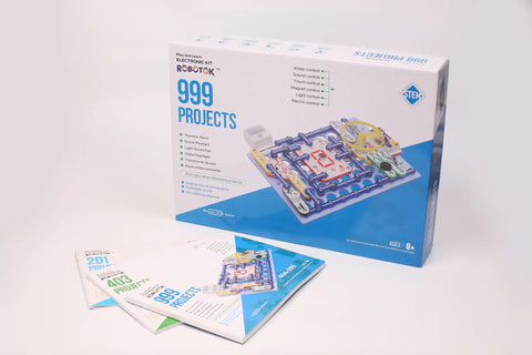 Ultimate STEM Electronics Kit For Kids Ages 8 And Up With 999 Projects In One Mega Circuit Set Includes 64 Components And Full Color Step By Step Manuals For Hands On Experiments Without Soldering Learn Physics And Electronics At Home, boxed kit with manuals