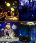 Collage of 7 In 1 Galaxy Star Projector For Kids Room Vibe Creator creating starry sky ambiance in various settings: kids party, cafe, romantic dinner, study room.