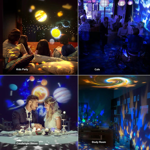 Collage of 7 In 1 Galaxy Star Projector For Kids Room Vibe Creator creating starry sky ambiance in various settings: kids party, cafe, romantic dinner, study room.