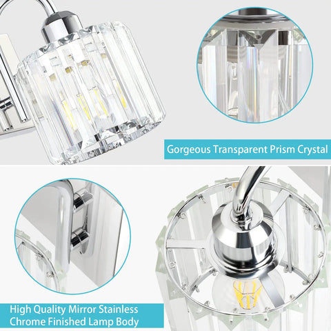 Four Light Chrome Crystal Vanity Light Over Mirror For Bathroom, showing prism crystal detail and chrome fixture design.