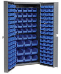 Badass Heavy Duty Deep Door Bin Cabinet Packed With 144 Blue Plastic Sorting Bins For Garage Workspaces featuring open doors showing blue bins.
