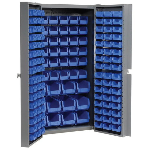 Badass Heavy Duty Deep Door Bin Cabinet Packed With 144 Blue Plastic Sorting Bins For Garage Workspaces featuring open doors showing blue bins.