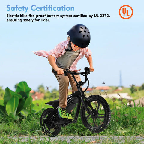 Kids Electric Bike With 350W Motor, 15.5 MPH Top Speed, 36V 5.2Ah Battery, 10 Mile Range, 16 Inch Pneumatic Tires, Dual Braking, For Ages Six And Up, Rugged Off Road Electric Bicycle with child rider and UL 2272 safety certification