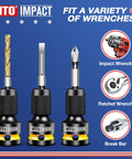 Three different MTO 3/8 drive hex socket adapters for impact, ratchet wrenches, and break bar use with quick-release feature