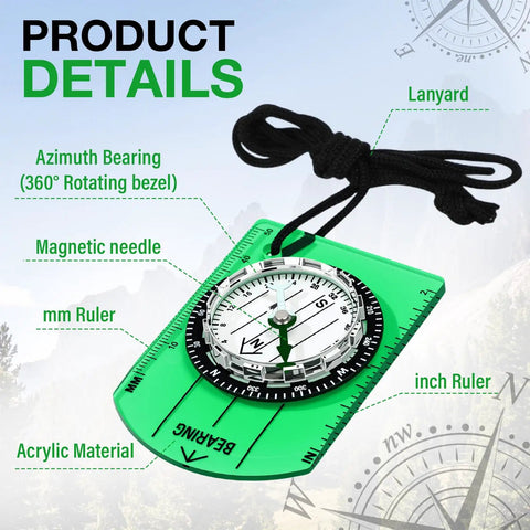 50 Pack Orienteering Compasses For Hiking And Navigation Acrylic Baseplate Style showing green compass with lanyard