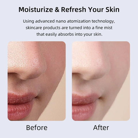 Before and after skin hydration using Nano Facial Steamer Rechargeable Portable High Pressure Oxygen Sprayer for Ultra Fine Cool Mist