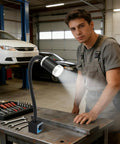 360 Degree Flexible Gooseneck Magnetic Led Work Light With Adjustable Base illuminating a workbench in a garage.