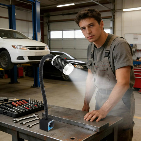 360 Degree Flexible Gooseneck Magnetic Led Work Light With Adjustable Base illuminating a workbench in a garage.
