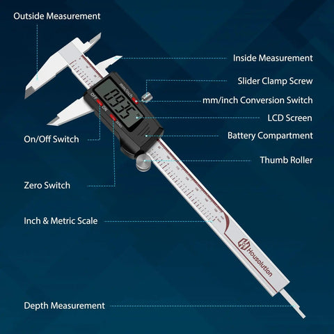 Go-To 6 Inch Digital Caliper With Large LCD Screen And Millimeter Readouts, component diagram, stainless steel vernier for projects.