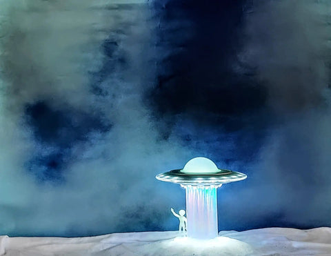 UFO Lamp With Glowing Alien Figures LED Touch Sensor Night Light, holographic design, color-changing UFO and cosmic backdrop.