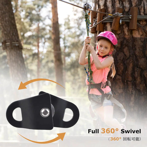 Child ziplining with a Lightweight Aluminum Pulley 20kN 8 To 12mm Single Swing Rigging Pulley For Arborist on a tree in backyard.
