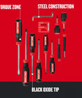 Bi-Material 12 Piece Screwdriver Set With Black Oxide Tips For Tough As Nails Durability displayed on red background with labels.