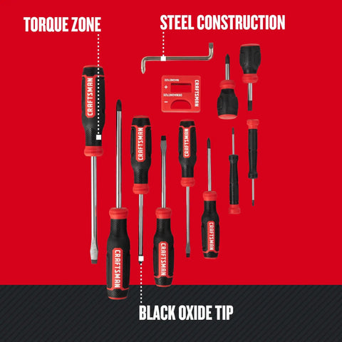 Bi-Material 12 Piece Screwdriver Set With Black Oxide Tips For Tough As Nails Durability displayed on red background with labels.