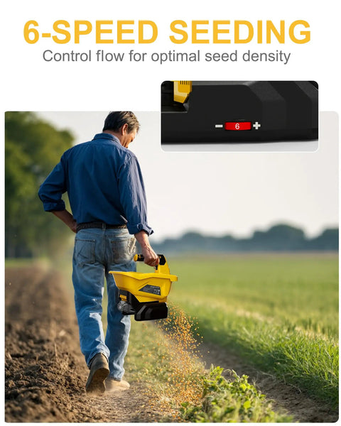 Man using Handheld Cordless Power Spreader For Lawn Care Compatible With Dewalt 20V Battery Not Included Tool Only on a field