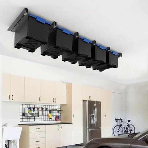 Installed Must Have Heavy Duty Ceiling Storage Rack For Garage, Overhead Bin System With Adjustable Height and Bins