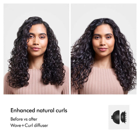 Before and after curls using Nural Smart Hair Dryer With No Heat Damage, 5 Attachments Including Diffuser And Styling Concentrator.