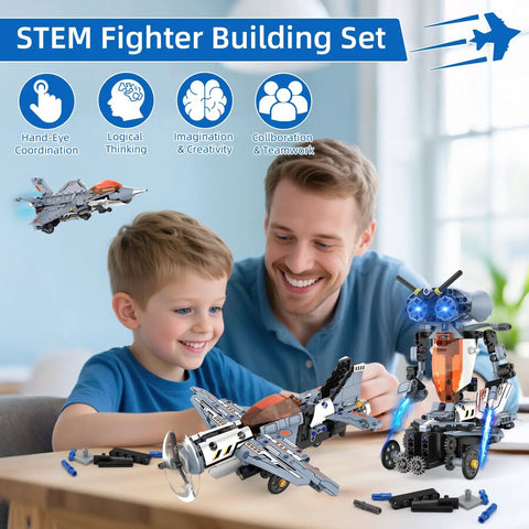 Father and son building 5 in 1 STEM RC Robot Building Kit With Fighter Jet Airplane Set App Control And 2 4 GHz Remote