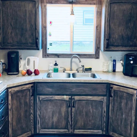 Straight Up Charred Aging Wood Stain For Interior Projects Delivers Rich Dark Burned Look Quick And Easy Water Based Low Odor Formula on kitchen cabinets.