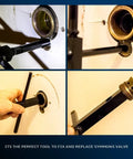 4 In 1 Symmons Temptrol Diverter Wrench Kit used to remove a diverter cap from a pressure balance valve in a white wall