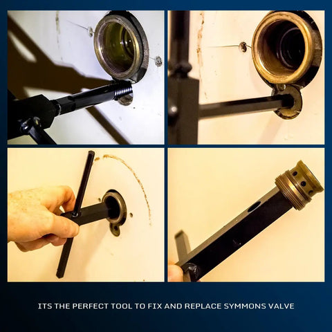 4 In 1 Symmons Temptrol Diverter Wrench Kit used to remove a diverter cap from a pressure balance valve in a white wall