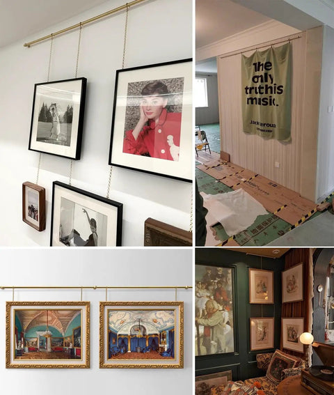 Adjustable Picture Rail Hanging System With Brass Chain Hooks No Damage Wall Track For Gallery Displays Metal Frame Hanger Kit Easy Setup For Home Decor And Museum Style Artwork Suspension Pole 150cm Long, brass rail with hanging frames