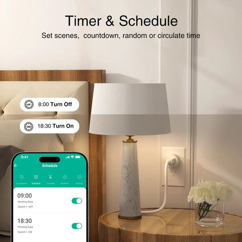 Smart Plug 2.4GHz WiFi Only Works With Alexa And Google Home controls lamp shown on phone app with timer settings