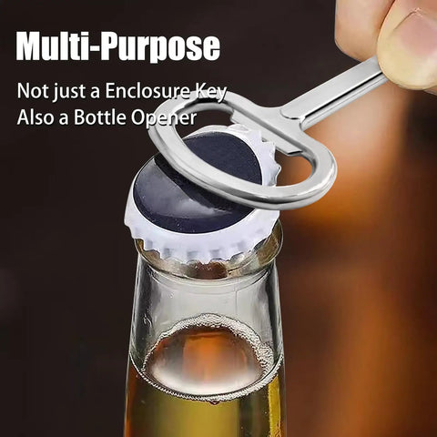 Universal 6mm Hole Electrical Cabinet Key being used as a bottle opener, highlighting its multi-purpose function.