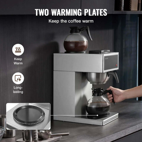Commercial Drip Coffee Maker Built For Busy Kitchens With 12 Cup Capacity Dual Warmer Plates Two Glass Carafes Stainless Steel Brew Unit Fast 6 Minute Pot Ideal For Restaurant Office Coffee Shop And Home Use shown in kitchen setting.
