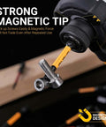 Magnetic hex bit drill tip holding a bolt with hex head; 1/4-inch hex shank; Magnetic Design logo visible