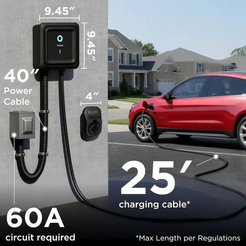 Level 2 EV Charger For Non Tesla EVs, 48A At 240V, 25ft Cable, J1772 Connector mounted on garage wall with red car charging