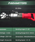 Powerful 1100W Electric Rebar Bender For 4-22mm Steel Bars showing dimensions, specs, and design for heavy duty construction use.