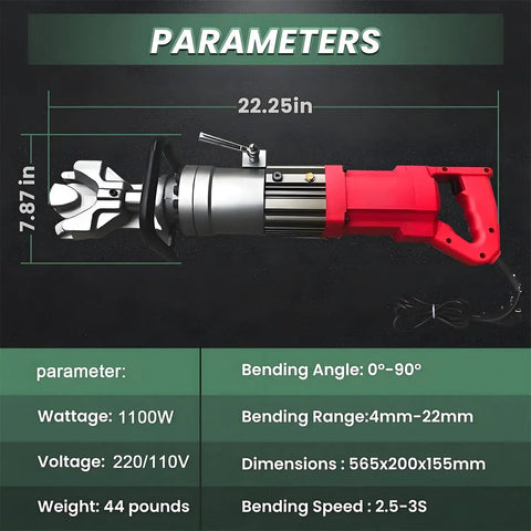 Powerful 1100W Electric Rebar Bender For 4-22mm Steel Bars showing dimensions, specs, and design for heavy duty construction use.
