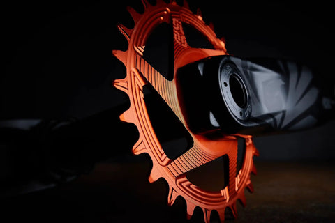 Close-up of Helix R 3 Bolt Direct Mount Chainring For SRAM 3 Bolt Compatible Cranks With 3mm Offset CNC Machined From AL 7075 T6.