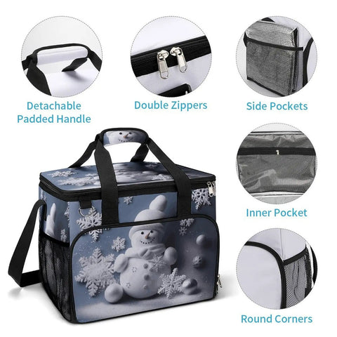 Go-To Insulated Picnic Backpack Tote With 30L Capacity, Leakproof cooler bag featuring snowman stars and snowflakes design.