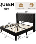 Queen Size Platform Bed Frame With Button Tufted Wingback Headboard, Black Upholstered Bedroom Staple, Solid Wood Slats, Eight Inch Underbed Storage, Noise Free, Easy Peasy Setup, Zero Box Spring Hassle with dimensions.