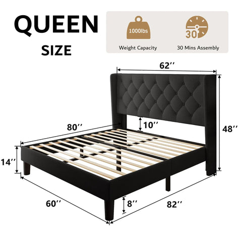 Queen Size Platform Bed Frame With Button Tufted Wingback Headboard, Black Upholstered Bedroom Staple, Solid Wood Slats, Eight Inch Underbed Storage, Noise Free, Easy Peasy Setup, Zero Box Spring Hassle with dimensions.